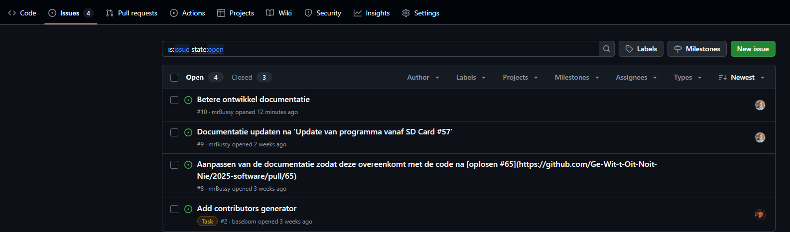 Plaatje van het issues tabblad op Github
