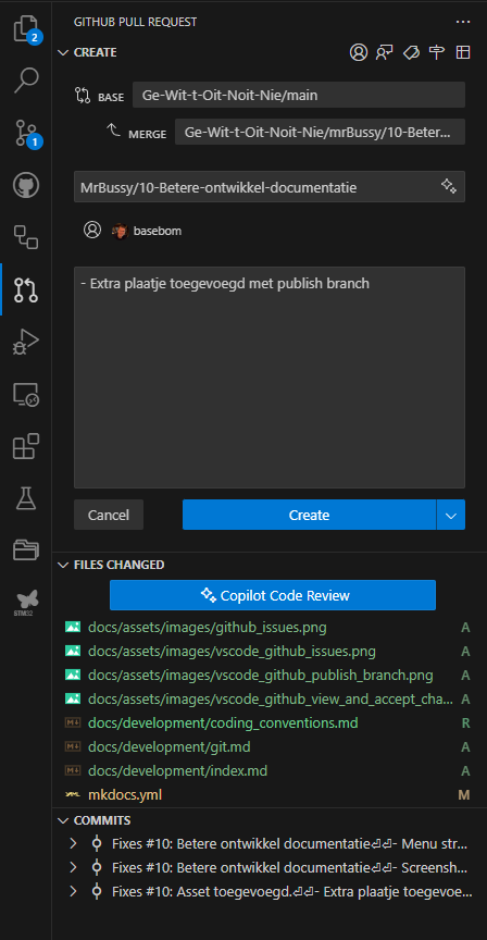Scherm in VSCode voor het maken van een poll request