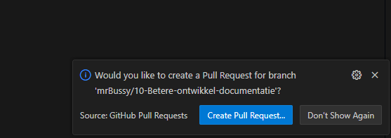 Scherm in VSCode met de vraag voor het maken van een poll request