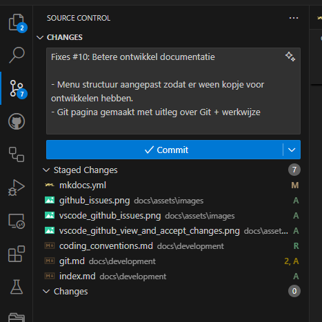 Scherm in VSCode voor het inchecken van wijzingen
